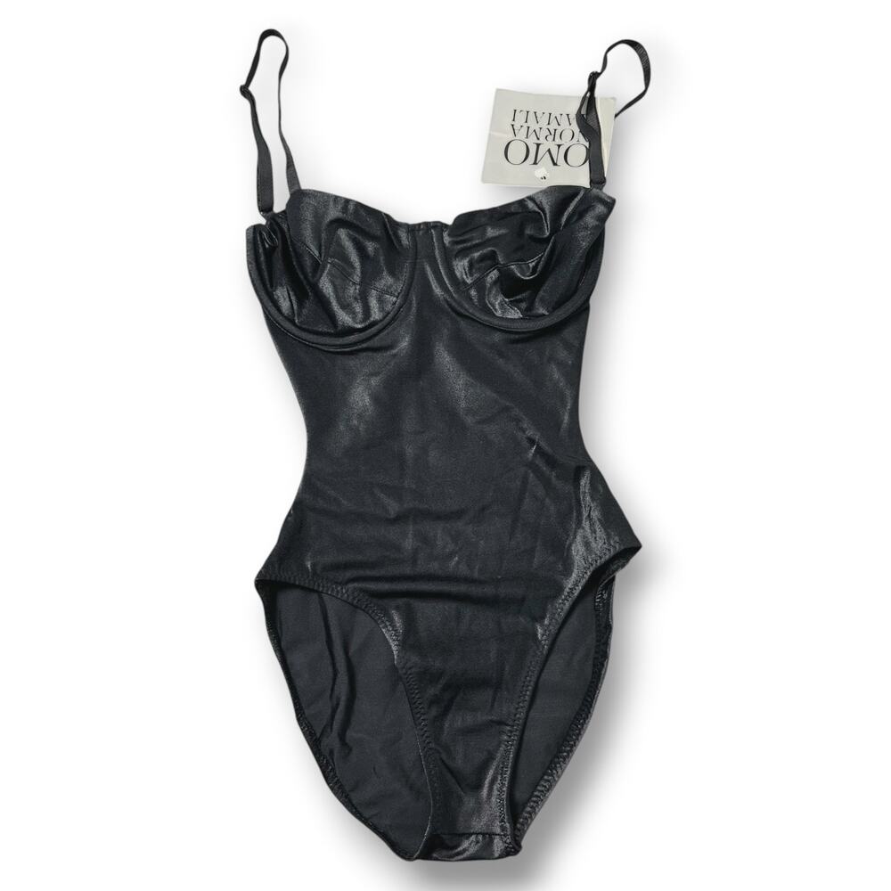 NWT Vintage 80s OMO Norma Kamali Black Shiny Underwire One Piece Swimsuit Sz XS